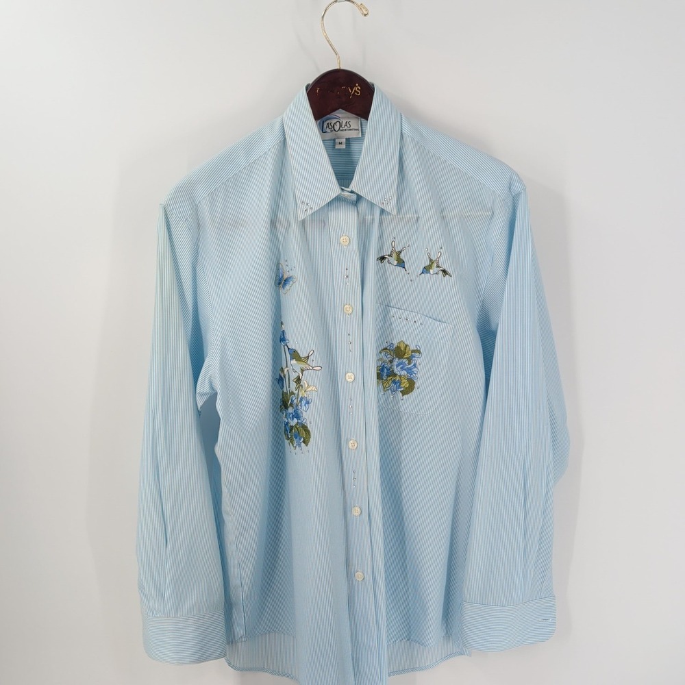Vtg Laolas By Oved Striped Embroidered Rhinestone Button-Up Shirt Blue Size M